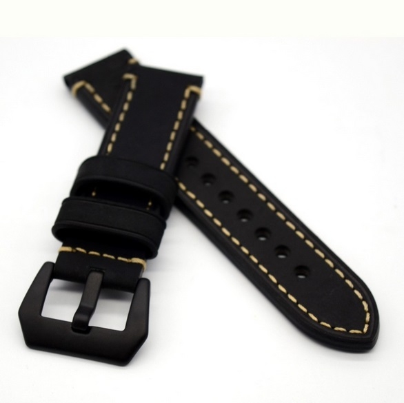 Bracelet montre 100% cuir Véritable Swen B noir 22mm 24mm 26mm.