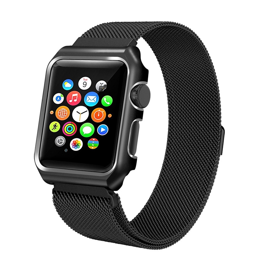 Apple Watch Mesh Stainless Steel Band 38mm with Case and Screen Protector Black.